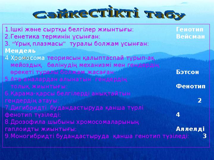 1.Ішкі және сыртқы белгілер жиынтығы : Генотип 2.Генетика терминін ұсынған: Вейсман 3. “Ұрық