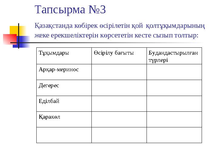 Тапсырма №3 Қазақстанда көбірек өсірілетін қой қолтұқымдарының жеке ерекшеліктерін көрсететін кесте сызып толтыр: Тұқымдары Өсі