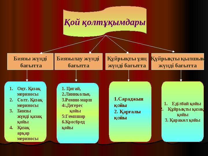 Қой қолтұқымдары Биязы жүнді бағытта Биязылау жүнді бағытта Құйрықты ұяң жүнді бағытта Құйрықты қылшық жүнді бағытта 1.Еділба