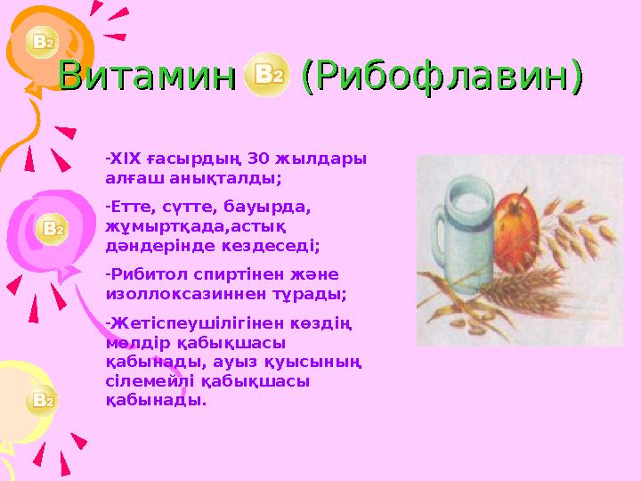 Витамин Витамин (Рибофлавин) (Рибофлавин) -ХІХ ғасырдың 30 жылдары алғаш анықталды; -Етте, сүтте, бауырда, жұмыртқада,