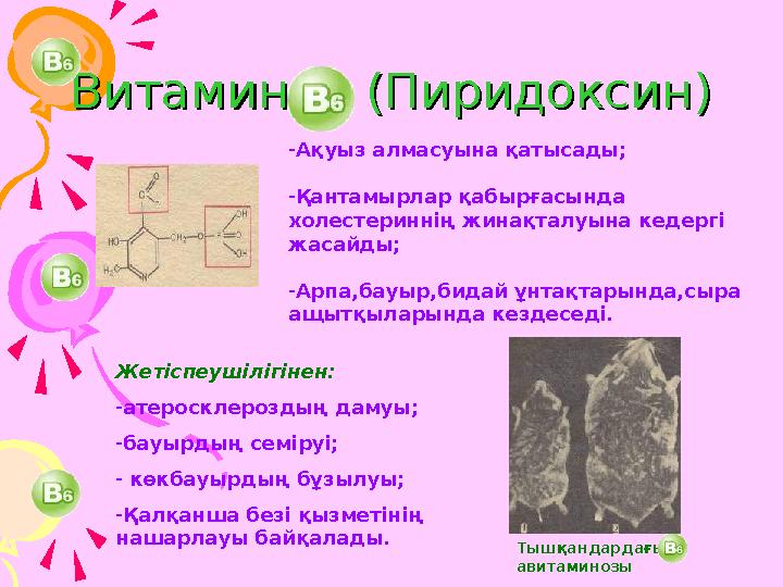 Витамин (Пиридоксин)Витамин (Пиридоксин) -Ақуыз алмасуына қатысады; -Қантамырлар қабырғасында холестериннің жинақтал
