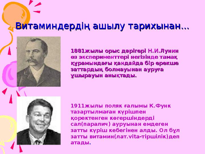 Витаминдердің ашылу тарихынан...Витаминдердің ашылу тарихынан... 1881жылы орыс дәрігері Н.И.Лунин 1881жылы орыс дәрігері Н.И.