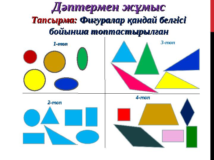 Дәптермен жұмысДәптермен жұмыс Тапсырма:Тапсырма: Фигуралар қандай белгісі Фигуралар қандай белгісі бойынша топтастырылғанбо