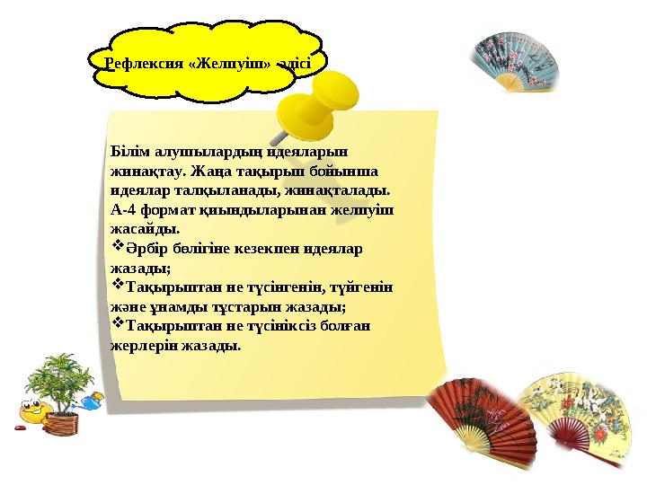 Рефлексия «Желпуіш» әдісі Білім алушылардың идеяларын жинақтау. Жаңа тақырып бойынша идеялар талқыланады, жинақталады. А-4 ф