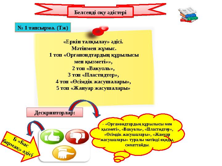 Белсенді оқу әдістері «Еркін талқылау» әдісі. Мәтінмен жұмыс. 1 топ «Органоидтардың құрылысы мен қызметі»», 2 топ «Вакуоль»,