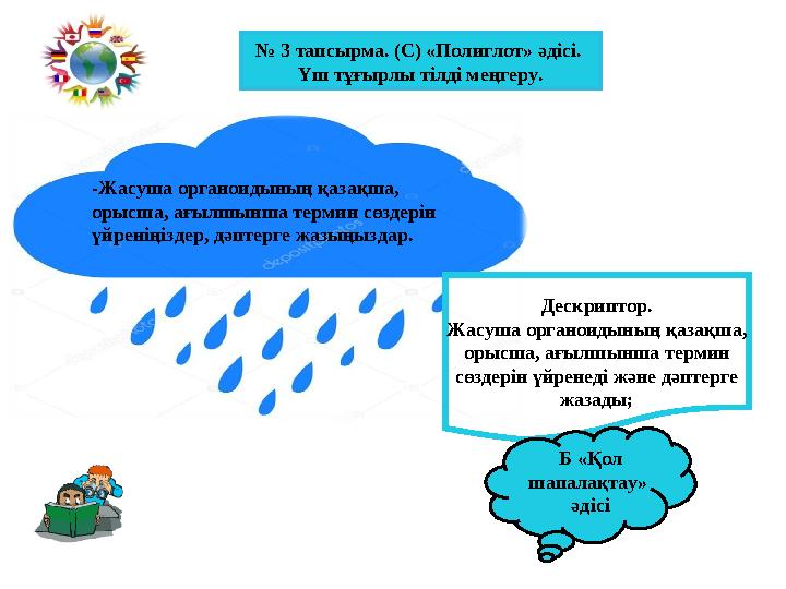 № 3 тапсырма. (С) «Полиглот» әдісі. Үш тұғырлы тілді меңгеру. -Жасуша органоидының қазақша, орысша, ағылшынша термин сөздері