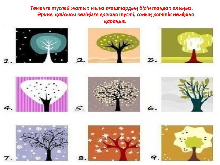 Төменге түспей жатып мына ағаштардың бірін таңдап алыңыз. Әрине, қайсысы көзіңізге ерекше түсті, соның реттік нөміріне қараңыз