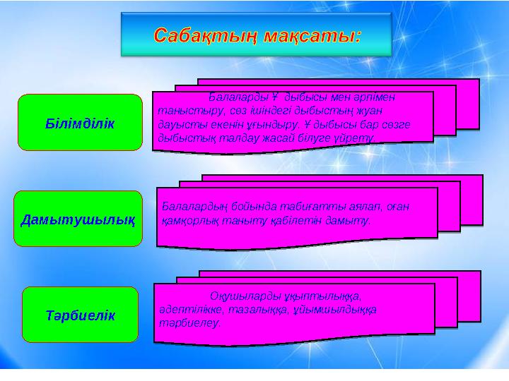 Балаларды Ұ дыбысы мен әрпімен таныстыру, сөз ішіндегі дыбыстың жуан дауысты екенін ұғындыру. Ұ дыбысы бар сөзге дыбыстық та