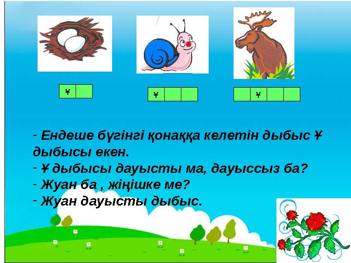 Ұ Ұ Ұ - Ендеше бүгінгі қонаққа келетін дыбыс Ұ дыбысы екен. - Ұ дыбысы дауысты ма, дауыссыз ба? - Жуан ба , жіңішке ме? - Жуан