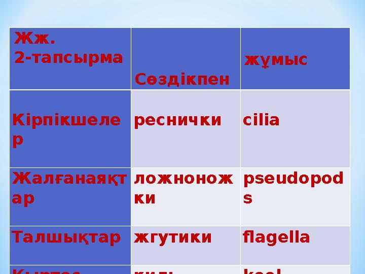 Жж. 2-тапсырма Сөздікпен жұмыс Кірпікшеле р реснички cilia Жалғанаяқт ар ложнонож ки рseudopod s Талшықтар жгутики f