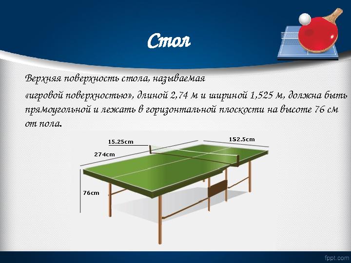 Стол Верхняя поверхность стола, называемая «игровой поверхностью», длиной 2,74 м и шириной 1,525 м, должна быть прямоугольной
