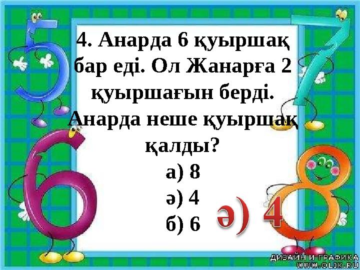 4. Анарда 6 қуыршақ бар еді. Ол Жанарға 2 қуыршағын берді. Анарда неше қуыршақ қалды? а) 8 ә) 4 б) 6
