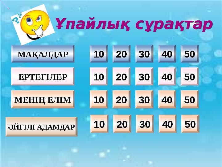 10 1020 2030 3040 4050 5010 1020 2030 3040 4050 5010 1020 2030 3040 4050 50МАҚАЛДАР МАҚАЛДАРӘЙГІЛІ АДАМДАР ӘЙГІЛІ АДАМДАРЕРТ