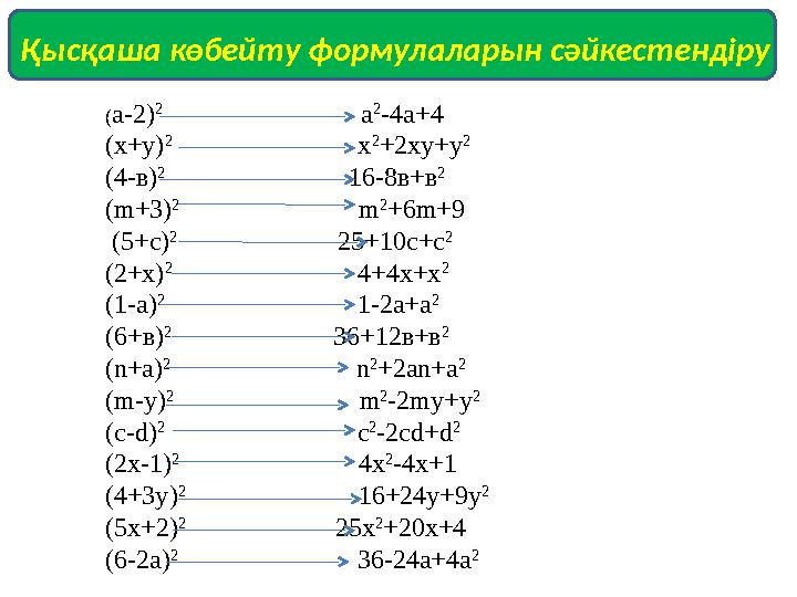 ( а-2) 2 а 2 -4а+4 (х+у) 2 х 2 +2ху+у 2 (4-в) 2