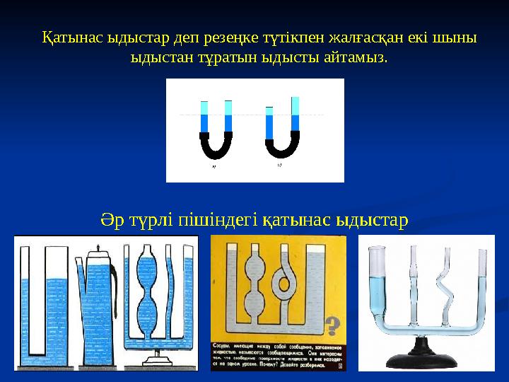 Қатынас ыдыстар деп резеңке түтікпен жалғасқан екі шыны ыдыстан тұратын ыдысты айтамыз. Әр түрлі пішіндегі қатынас ыдыстар