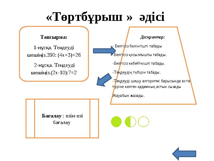 «Төртбұрыш » әдісі Тапсырма: 1-нұсқа. Теңдеуді шешіңіз.390: (4х+3)=26 2-нұсқа. Теңдеуді шешіңіз.(2х-10):7=2 Дескриптор: -