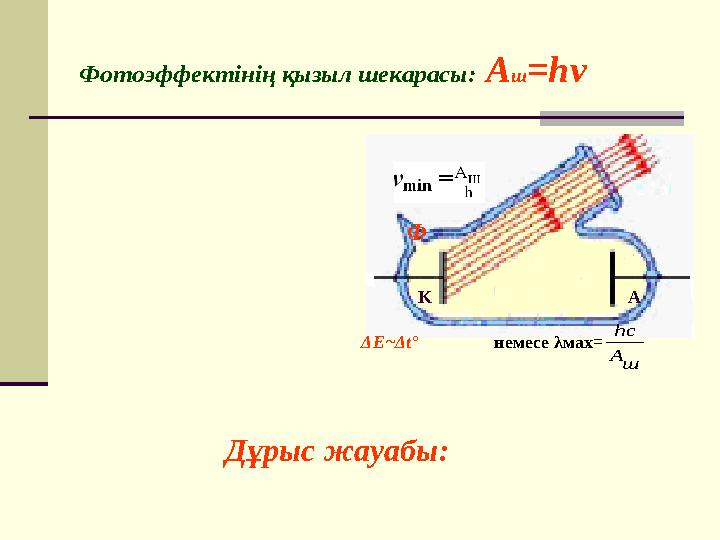 Фотоэффектінің қызыл шекарасы: A ш =h ν Ф Δ E~ Δ t° ш A hc немесе λ мах = А K Дұрыс жауабы: