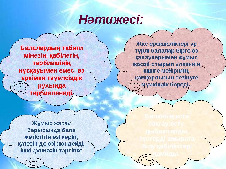 Нәтижесі: Балалардың табиғи мінезін, қабілетін, тәрбиешінің нұсқауымен емес, өз еркімен тәуелсіздік рухында тәрбиеленеді.