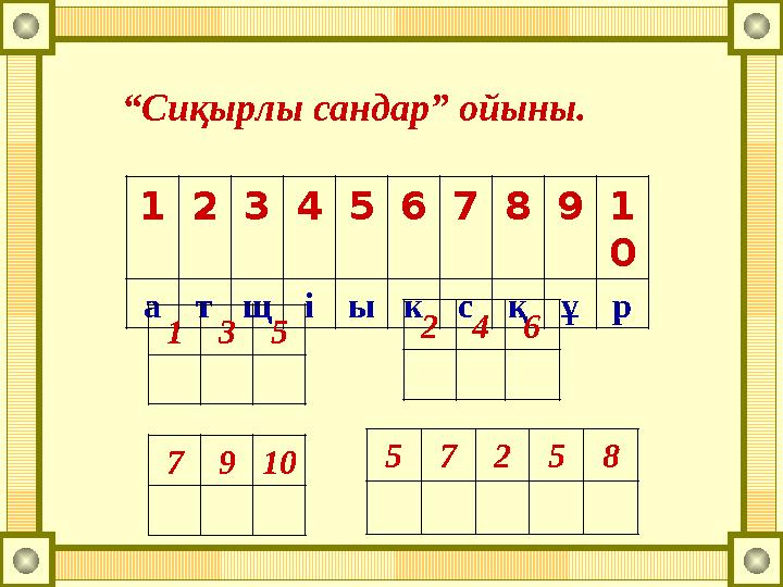 “ Сиқырлы сандар” ойыны. 1 2 3 4 5 6 7 8 9 1 0 а т щ і ы к с қ ұ р 1 3 5 7 9 10 2 4 6 5 7 2 5 8