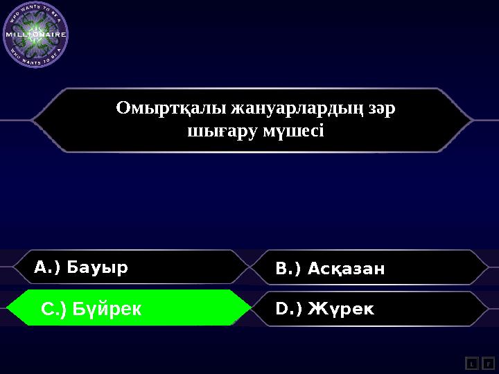 A.) Бауыр B.) Асқазан C.) Бүйрек D.) Жүрек L C.) Бүйрек F Омыртқалы жануарлардың зәр шығару мүшесі