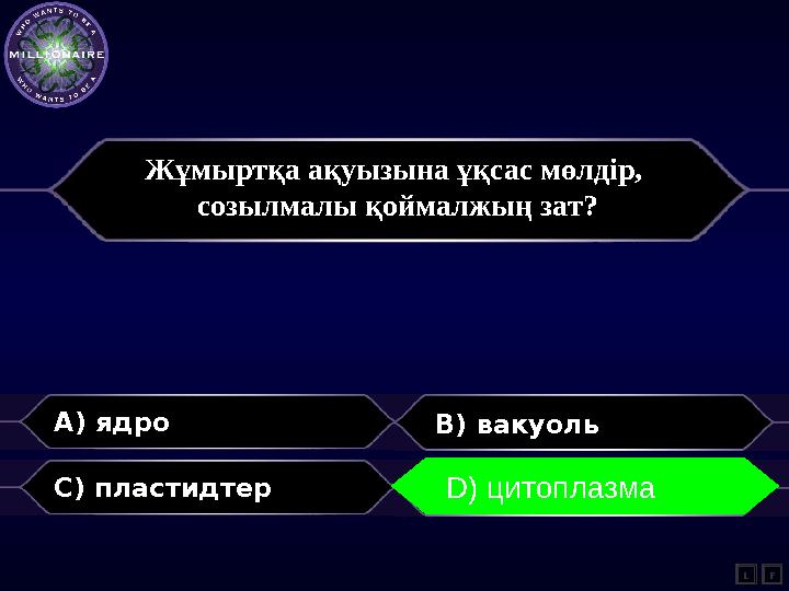 Жұмыртқа ақуызына ұқсас мөлдір, созылмалы қоймалжың зат? A) ядро B) вакуоль C) пластидтер D) цитоплазма L D) цитоплазма