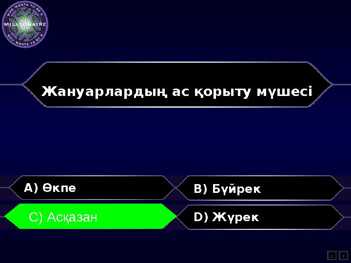 Жануарлардың ас қорыту мүшесі A) Өкпе B) Бүйрек C) Асқазан D) Жүрек L C) Асқазан F