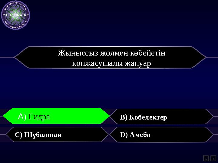 A) Гидра B) Көбелектер C) Шұбалшан D) Амеба L F А) Гидра Жыныссыз жолмен көбейетін көпжасушалы жануар