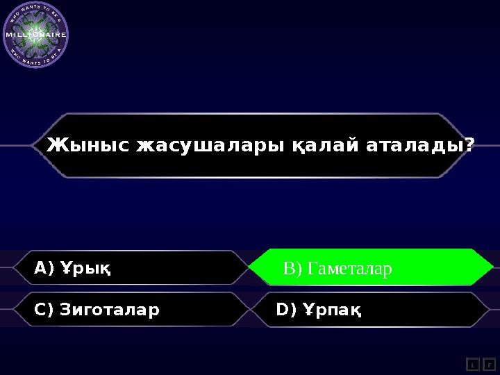 A) Ұрық B) Гаметалар C) Зиготалар D) Ұрпақ L B) Гаметалар F Жыныс жасушалары қалай аталады?