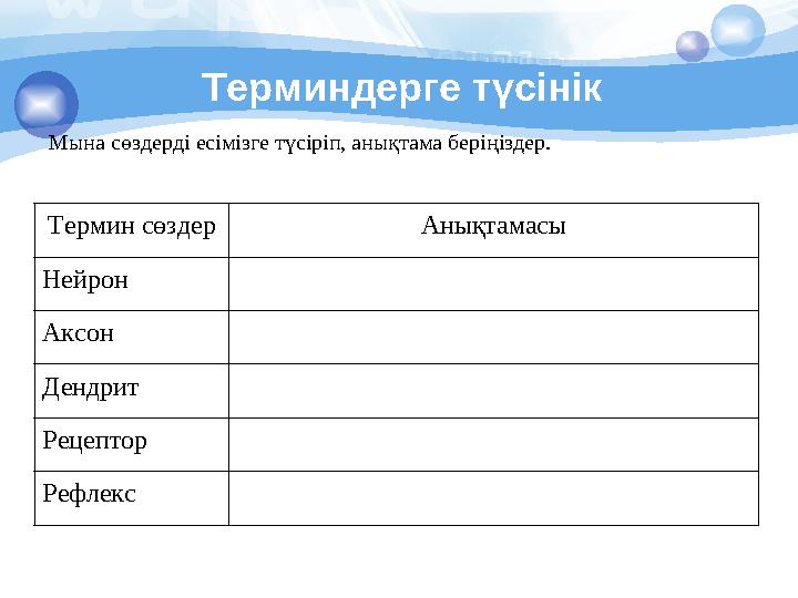 Мына сөздерді есімізге түсіріп, анықтама беріңіздер. Термин сөздер Анықтамасы Нейрон Аксон Дендрит Рецептор Рефлекс Терминдерге