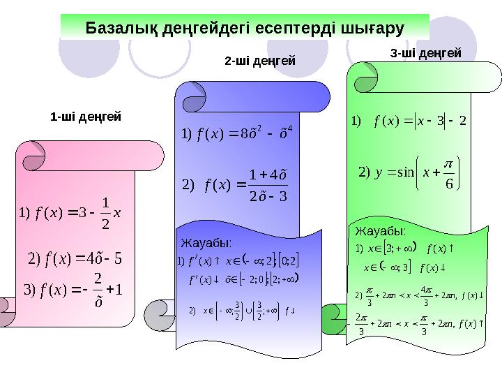 Базалық деңгейдегі есептерді шығару 1-ші деңгей 2-ші деңгей 3-ші деңгейx x f 2 1 3 ) ( )1   5 4 ) ( ) 2   õ x f 1 2 )