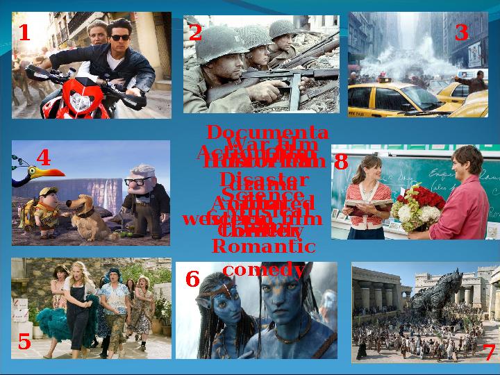 1 2 3 4 5 6 7 8 Action film Animated filmComedy Disaster film Documenta ry filmHistorical drama Horror film Musical Romant