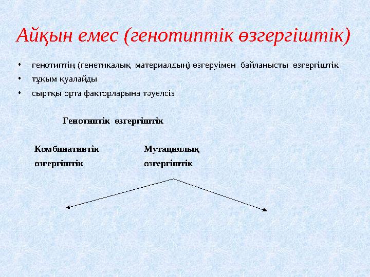 Айқын емес (генотиптік өзгергіштік) •генотиптің (генетикалық материалдың) өзгеруімен байланысты өзгергіштік •тұқым қуалайды