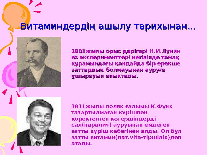 Витаминдердің ашылу тарихынан...Витаминдердің ашылу тарихынан... 1881жылы орыс дәрігері Н.И.Лунин 1881жылы орыс дәрігері Н.И.