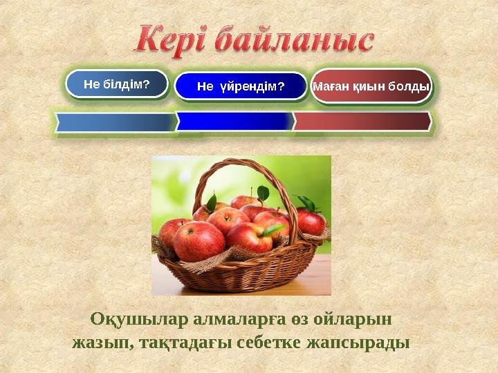 Оқушылар алмаларға өз ойларын жазып, тақтадағы себетке жапсырады Не білдім? Не үйрендім? Маған қиын болды