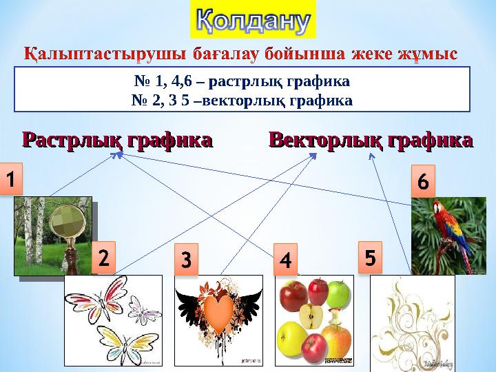 № 1, 4,6 – растрлық графика № 2, 3 5 –векторлық графика РастрРастрлықлық графика графикаРастрРастрлықлық графика графика ВекторВ