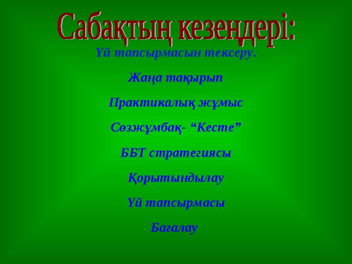 Үй тапсырмасын тексеру. Жаңа тақырып Практикалық жұмыс Сөзжұмбақ- “Кесте” ББТ стратегиясы Қорытындылау Үй тапсырмасы Бағалау