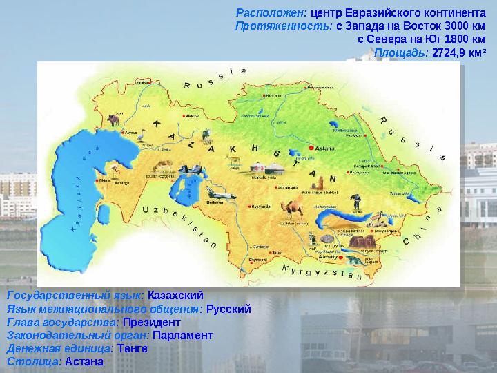 Расположен : центр Евразийского континента Протяженность : с Запада на Восток 3000 км с Севера