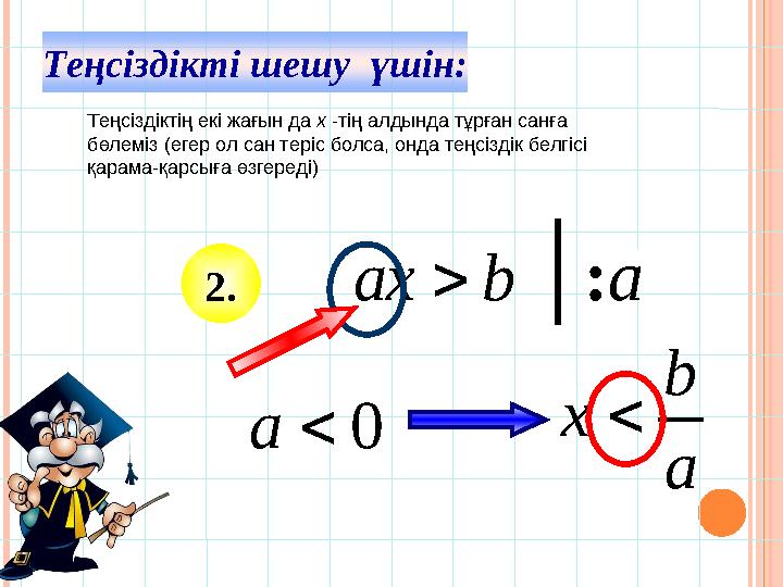 Теңсіздікті шешу үшін: 2 .b ax  : а 0  a a b x Теңсіздіктің екі жағын да x -тің алдында тұрған санға бөлеміз (егер ол