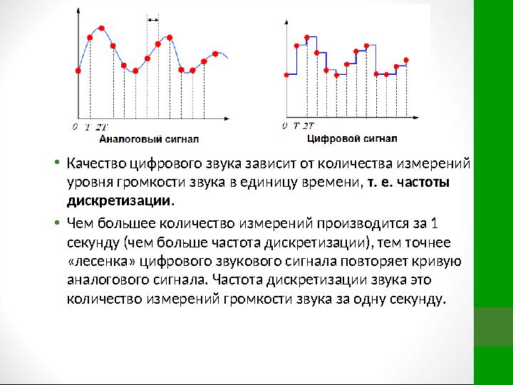 • Качество цифрового звука зави сит от количества измерений уровня громкости звука в еди ницу времени, т. е. частоты дискре