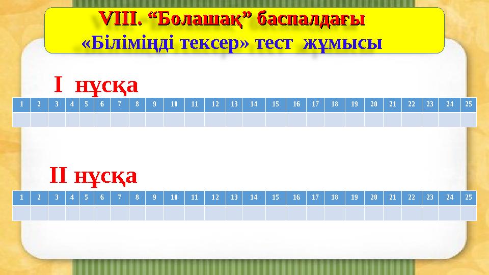 І нұсқа ІІ нұсқа1 2 3 4 5 6 7 8 9 10 11 12 13 14 15 16 17 18 19 20 21 22 23 24 25VV ІІІ. “Болашақ” баспалдағыІІІ. “Болашақ” бас