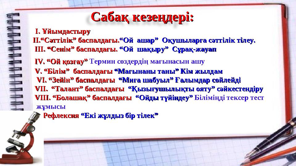 Сабақ кезеңдері:Сабақ кезеңдері: І. ҰйымдастыруІ. Ұйымдастыру ІІ.“Сәттілік” баспалдағы.ІІ.“Сәттілік” баспалдағы. ““