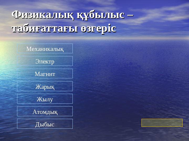 Физикалық құбылыс – Физикалық құбылыс – табиғаттағы өзгерістабиғаттағы өзгеріс Электр Магнит Жарық Дыбыс Жылу АтомдықМеханик