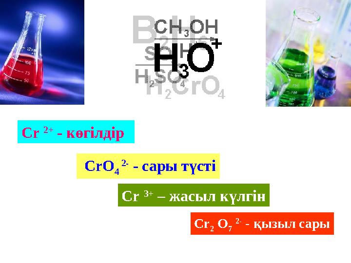 Cr 2+ - көгілдір Cr 3+ – жасыл күлгін CrO 4 2- - сары түсті Cr 2 O 7 2- - қызыл сары