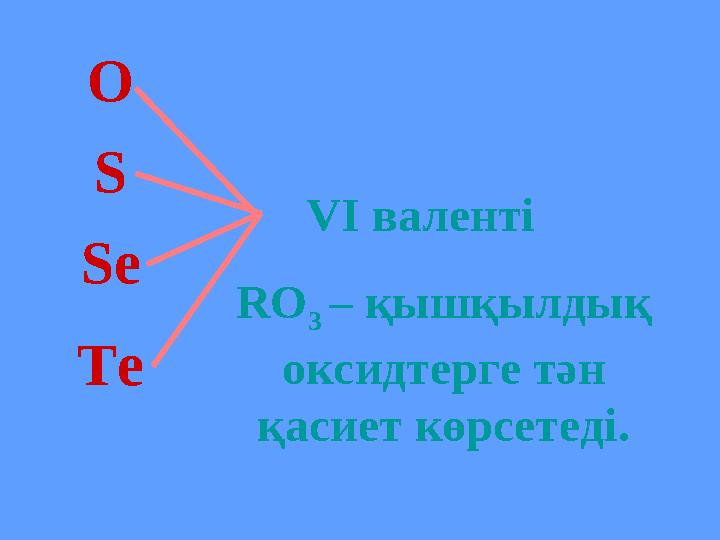 S Se Te O VI валенті RO 3 – қышқылдық оксидтерге тән қасиет көрсетеді.
