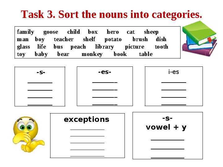 Task 3. Sort the nouns into categories. family goose child box hero cat sheep man boy t