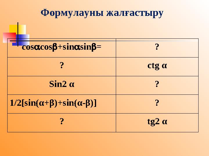 cos  cos  +sin  sin  = ? ? ctg α Sin2 α ? 1/2[sin( α + β )+sin( α - β )] ? ? tg2 αФормула y ны жалғастыру