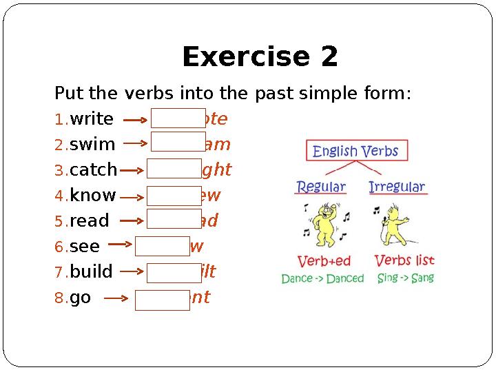 Exercise 2 Put the verbs into the past simple form: 1. write wrote 2. swim swam 3. catch caught