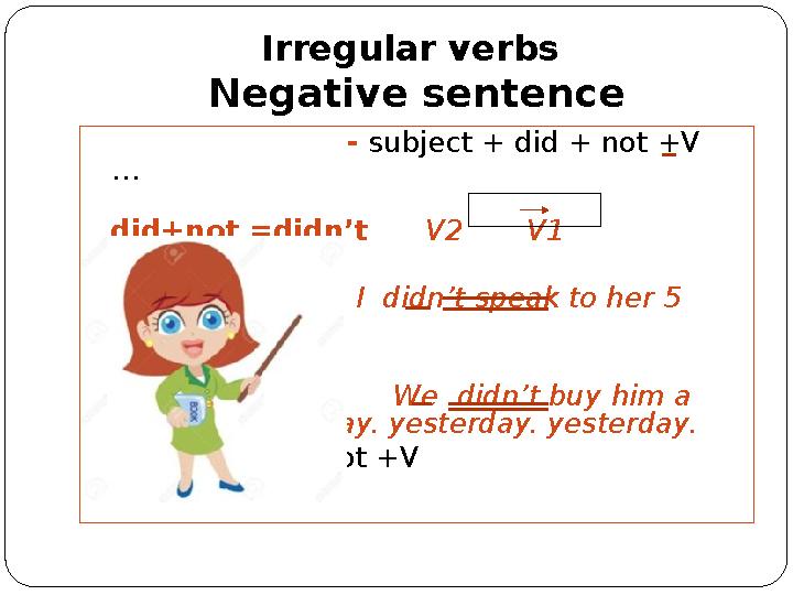 Irregular verbs Negative sentence - subject + did + not +V … did+not =didn’t V2 V1 I didn’t speak to her 5 minutes