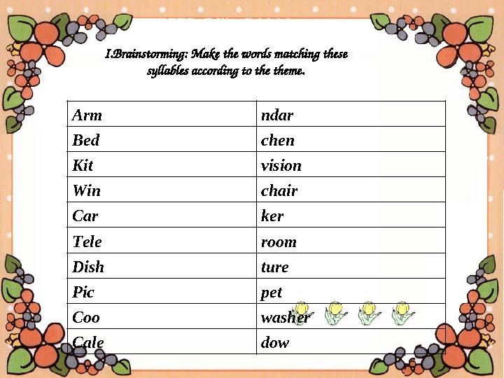 I. Brainstorming: Make the words matching these syllables according to the theme. Arm ndar Bed chen Kit vision Win chair C