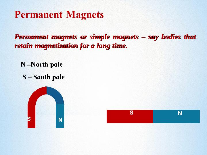 N – North pole S – South polePermanent magnets or simple magnets – say bodies that Permanent magnets or simple